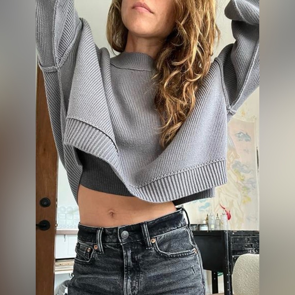 Free People Easy Street Heather Grey Crop Pullover Sweater NWT Size Large